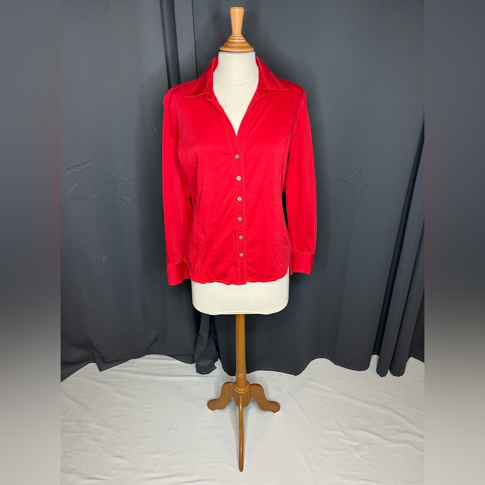 Chicos red long sleeve button up collared shirt.